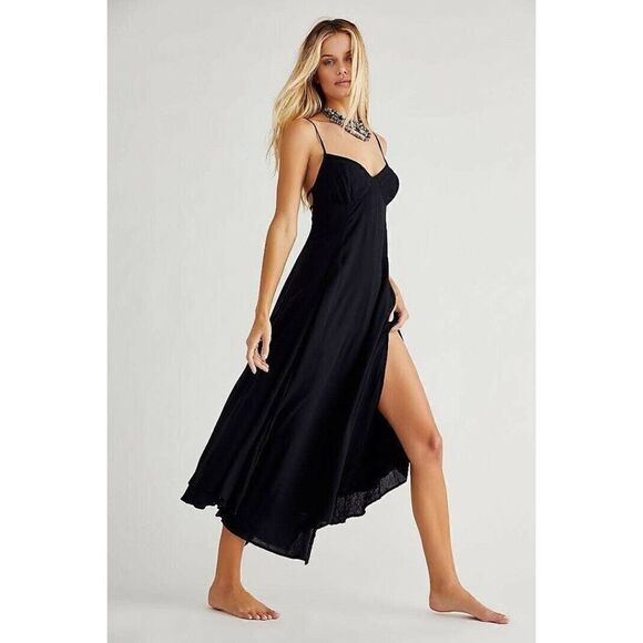 NEW FREE PEOPLE ENDLESS SUMMER Sz S DEEP SEA HALTER MAXI DRESS IN BLACK - Picture 1 of 3